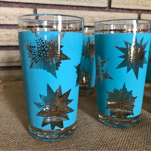 60's Aqua/Gold Starburst Glasses - 8 - Tumblers - Highballs - Barware -Glassware - Picture 8 of 14